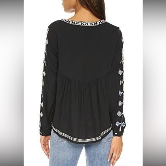 Navy embroidered boho top w/sequins Vneck long button slee - Picture 2 of 11